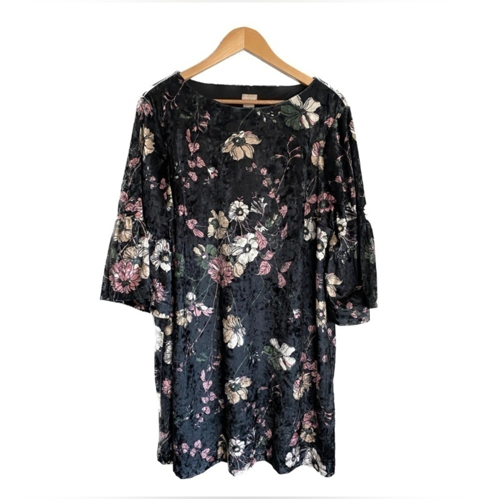 Chico’s Bell Sleeve Velvet‎ Floral Knee Length Black Pink White Dress 3P XLP 16P